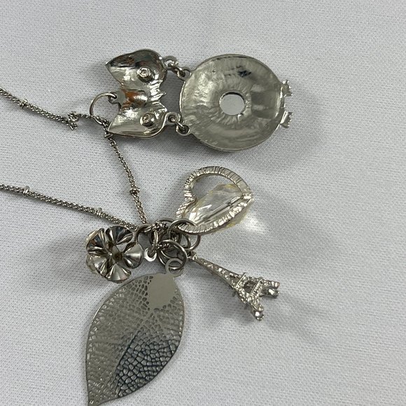 Etc! Necklace Silver Tone Dangle Charms Owl Leaf Heart Eiffel Tower Rhinestones - Picture 11 of 12